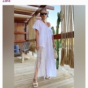NWT Zara White Linen Midi Dress with Fringe